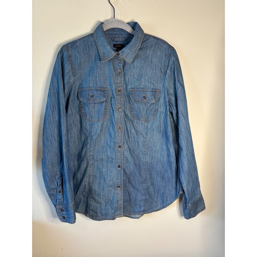 Talbots Womens Blue Denim Chambray Button Down Shirt Long Sleeve Casual Size M